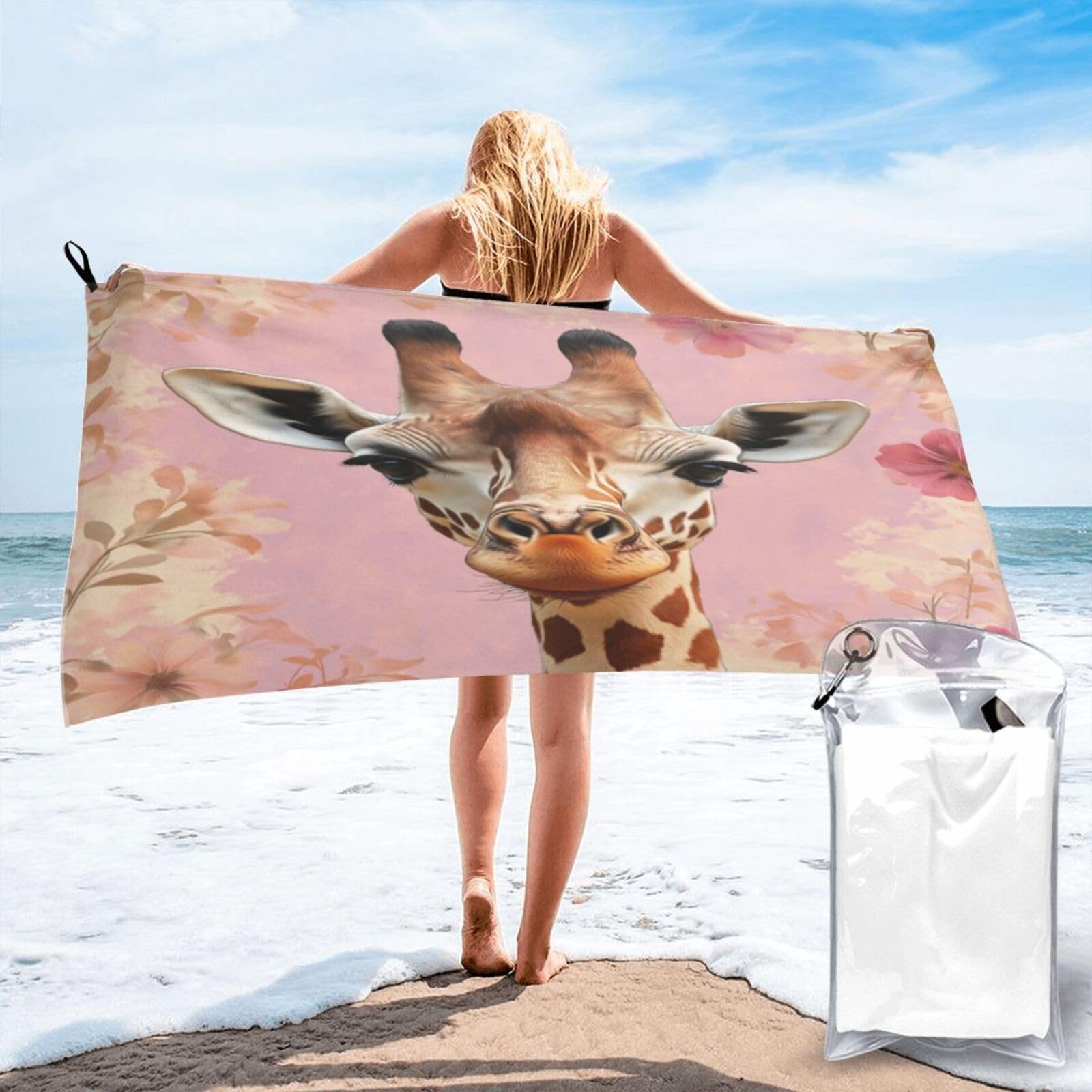Anceky Digital Painting of Giraffe Portrait Quick Dry Microfiber Travel Towel with Carry Case and Carabiner 27.5"X55"