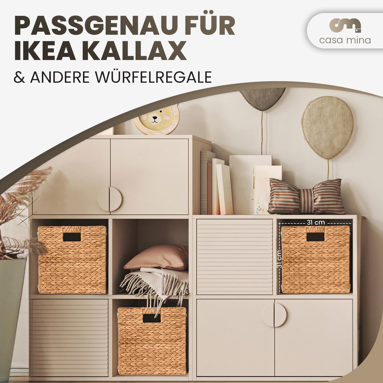 Casa Mina® Aufbewahrungskorb geflochten ideal für alle Regale I Nachhaltiger Seegras Korb geflochten aus Naturmaterial I Flechtkorb mit Griffen I Pflegeleichter, modern geflochtener Korb 31x31x31cm