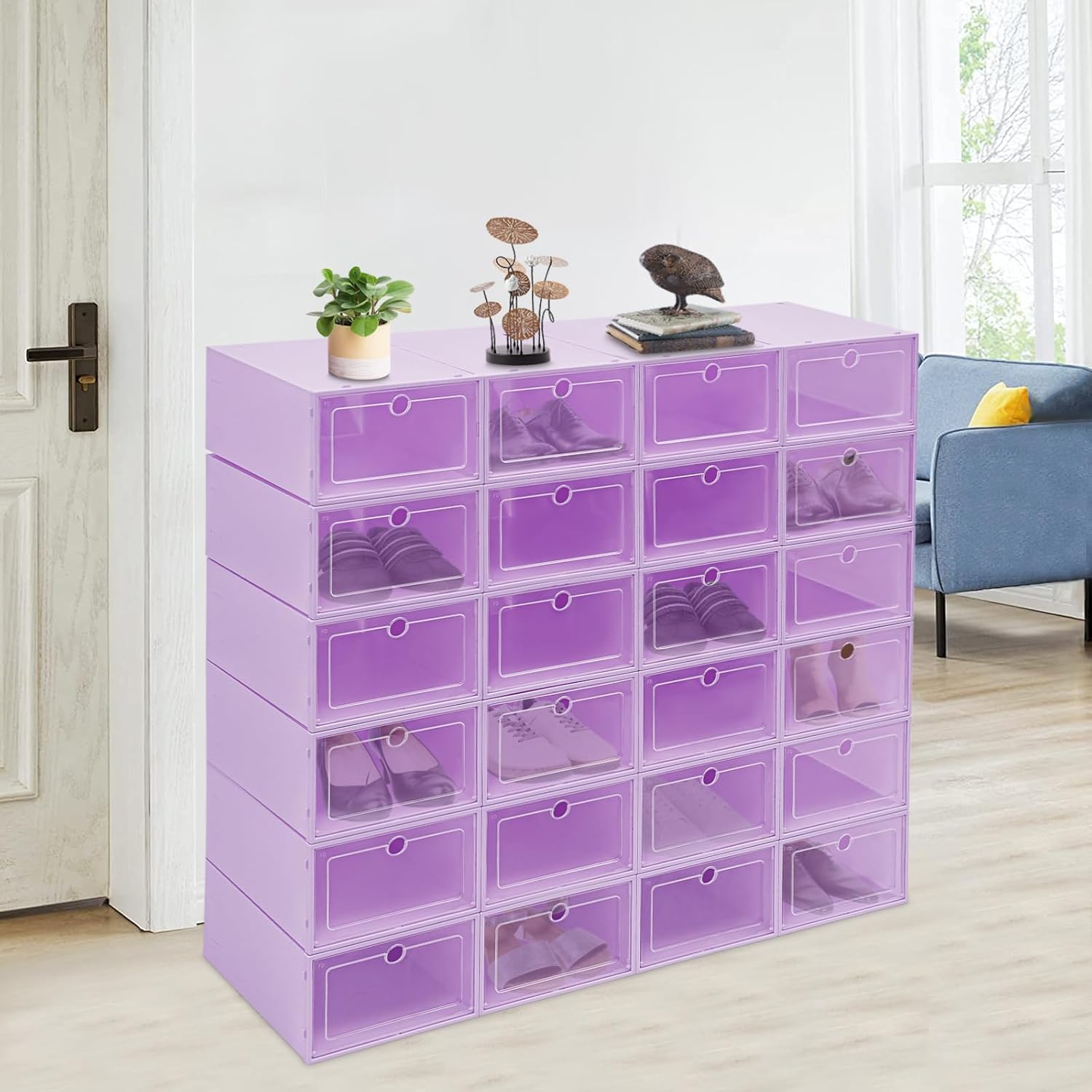 Shoe Storage Boxes Organizers, Clear Plastic Stackable 24 Pack, Shoe Rack & Holder Substitute, Sneaker Containers, Toy Storage Organizer Bins for Entryway, Closet, Under Bed, Purple