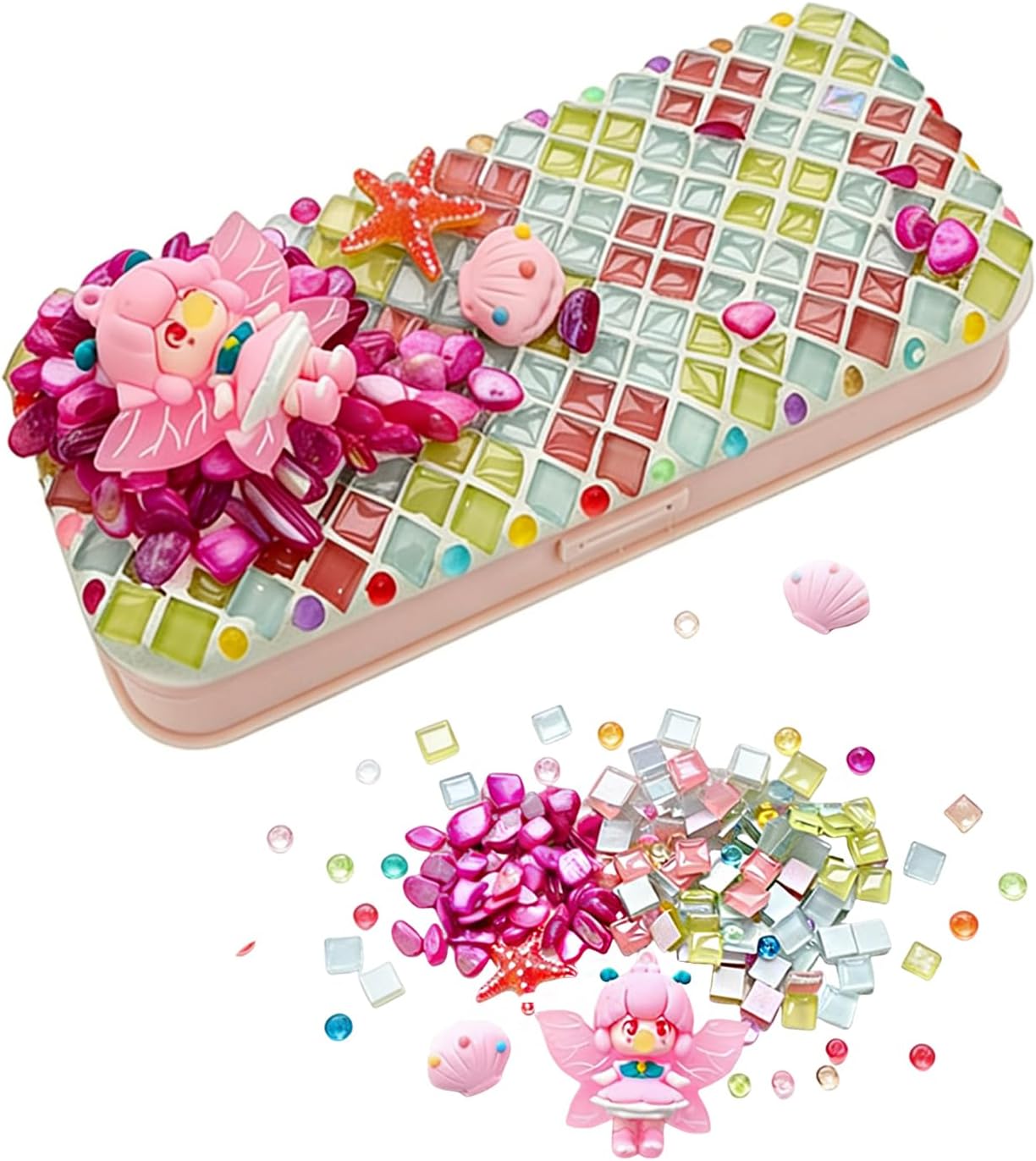 YUCHIYA DIY Mosaic Pencil Case Craft Kit - Handmade Creative Set, Pencil Box Customizable Decoration, Complete Accessories Educational Hands-On Gift (Pink)