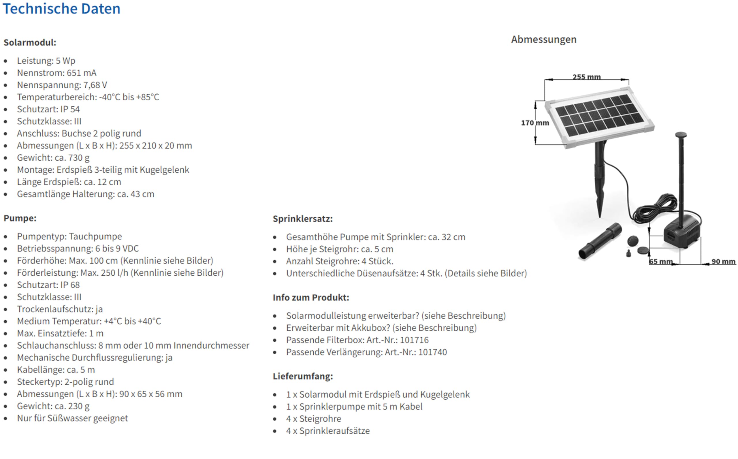 esotec Solar Teichpumpenset 5/250 mit 5 W Solarmodul, Solarbrunnen, Wasserspiel Garten, Solarteichpumpe, Springbrunnen 101763