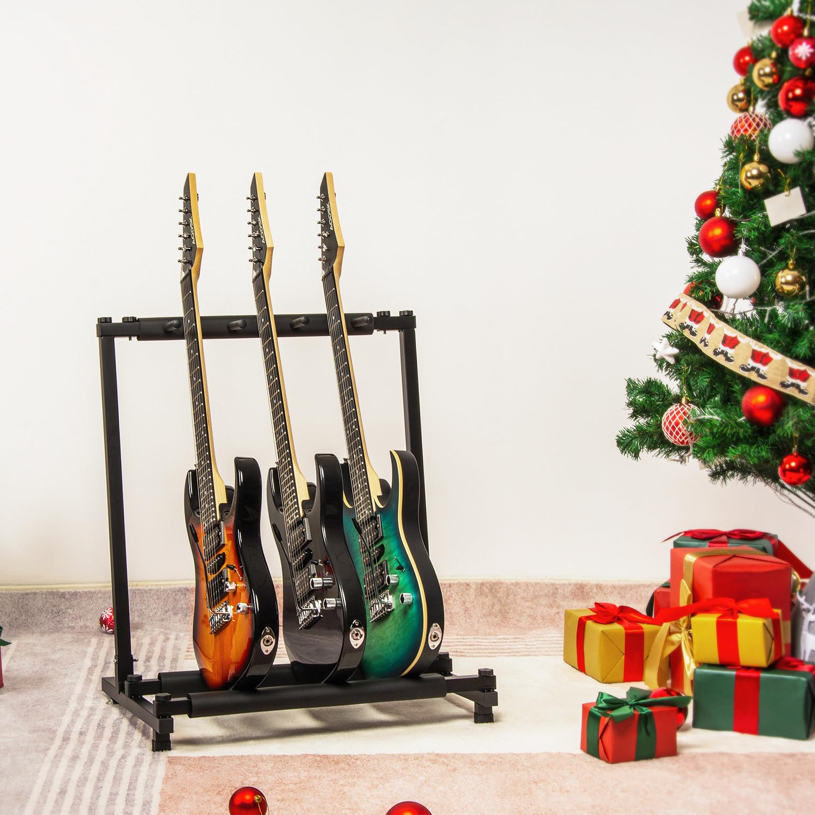 AODSK Gitarrenständer für 3 verschiedene Gitarren mit klappbarem Design, tragbarer schwarzer Gitarrenhalter, schwarzer Gitarrenständer für Gitarre und Bass, Studio und Zuhause (3 Gitarren)