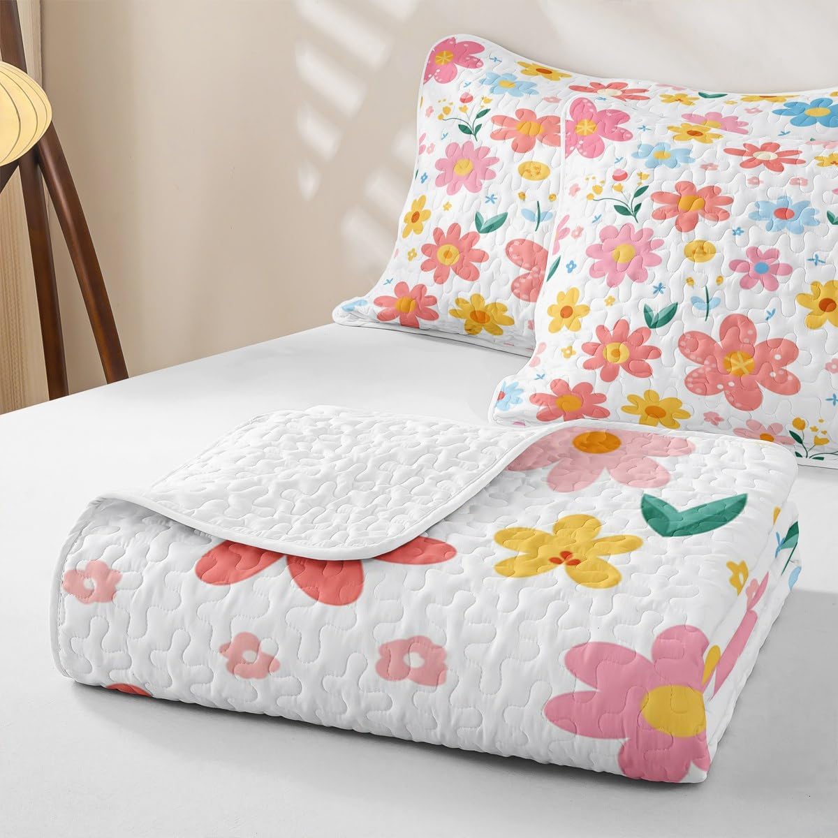 Feelyou Cute Flower Quilt Bedspread Cartoon Bedding Set Twin Size for Kids