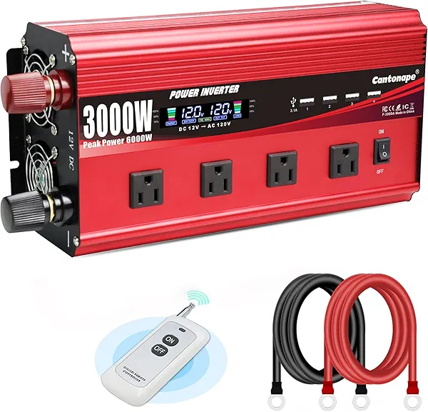 Cantonape 3000W Power Inverter 12V to 110V/120V DC to AC with LCD Display, Remote Controller 4 x AC Outlets and 4 x 3.1A USB Car Adapter for Car Truck Boat RV Solar System
