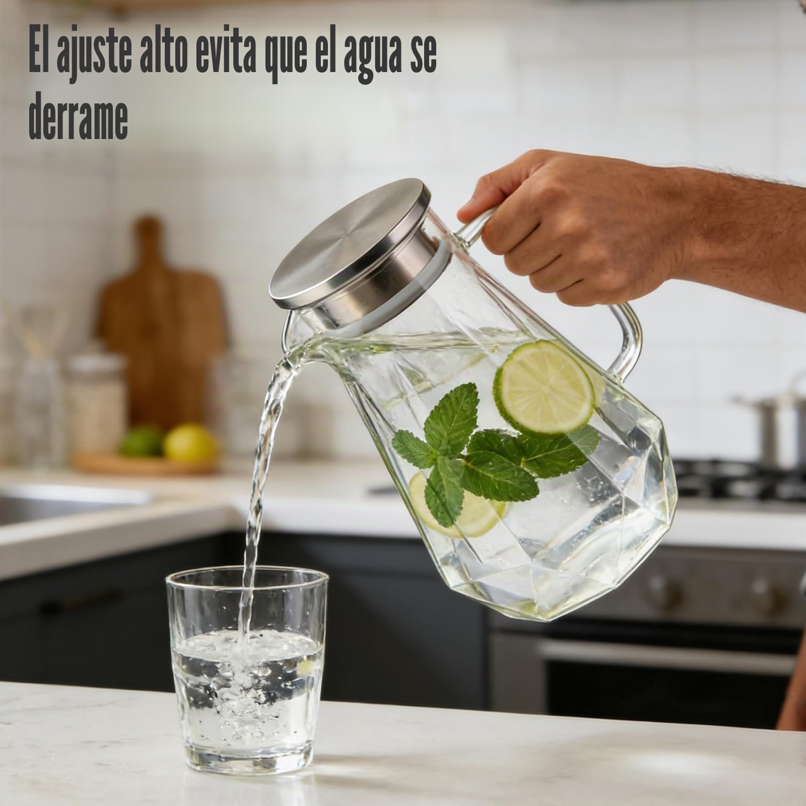 Jarra de cristal, jarra de agua de 1,5 l, jarra de agua, jarra de cristal con tapa, mango y estructura de rombos, jarra de agua transparente y resistente al calor de vidrio de borosilicato para