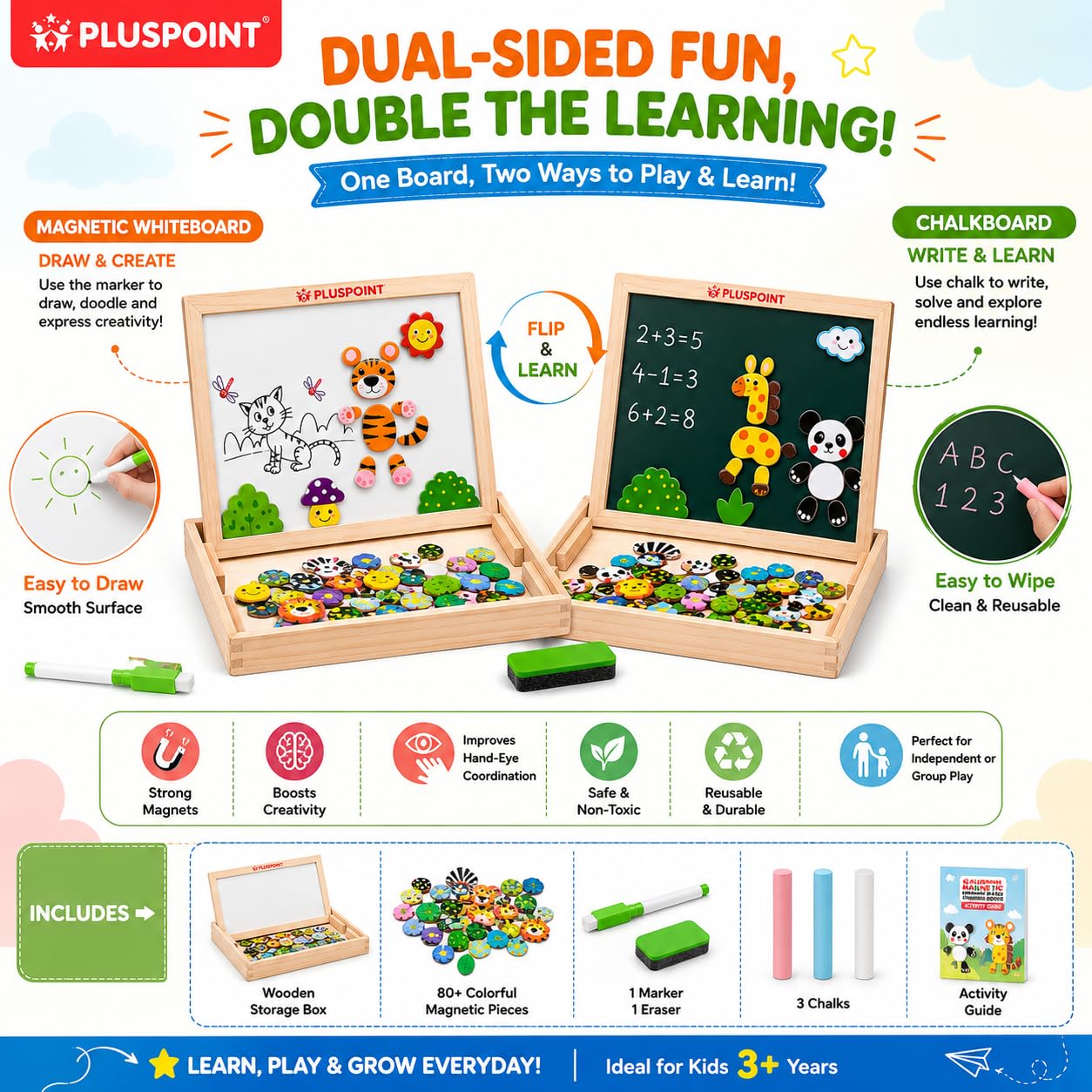 PLUSPOINT Wooden Magnetic Multifunctional Double Sided Chalkboard Dry Erase Board with Chalk, Marker & Duster Educational Whiteboard Blackboard Drawing Toys Learning & Imagination Play for Kids 3