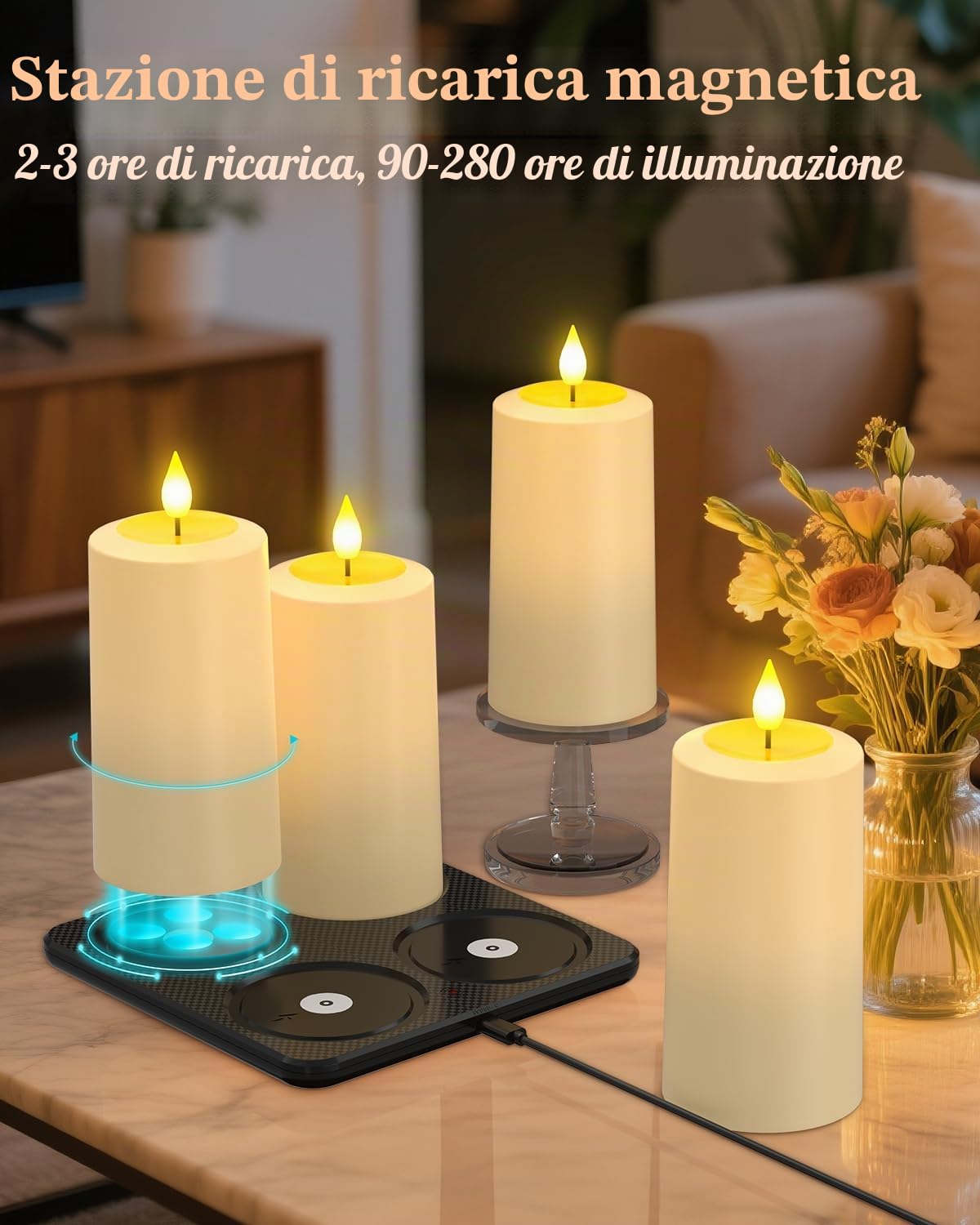 SoulBay Candele a LED con funzione timer, set di 4 candele a LED, ricaricabili, per esterni, impermeabili, con stazione di ricarica, telecomando, fiamma tremolante, per giardino, feste, stanza