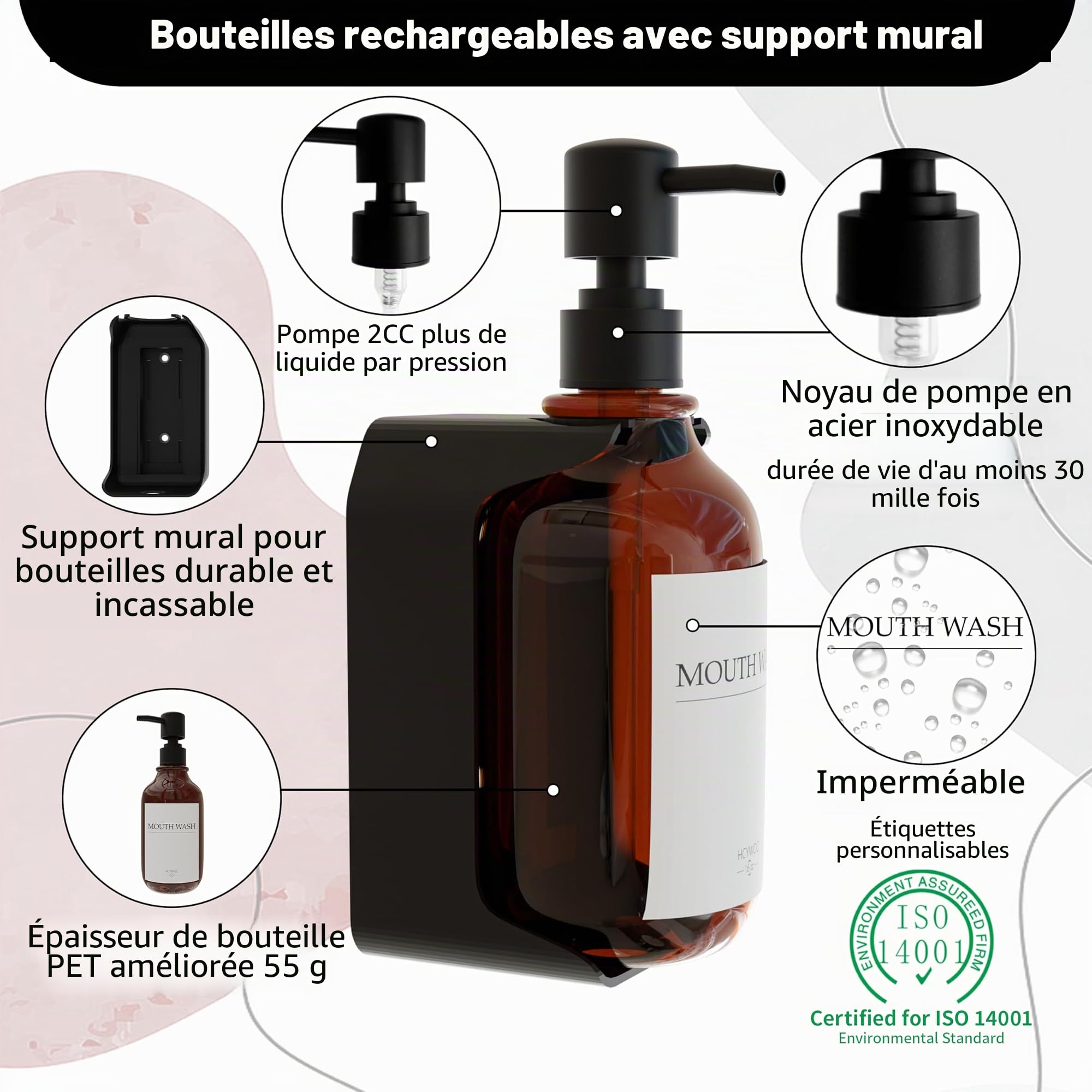 Distributeur Savon Mural sans Percage, Lot de 3, 500 ML Savon avec 16 Étiquettes Imperméables, Cuisine et Salle de Bain, Ambre