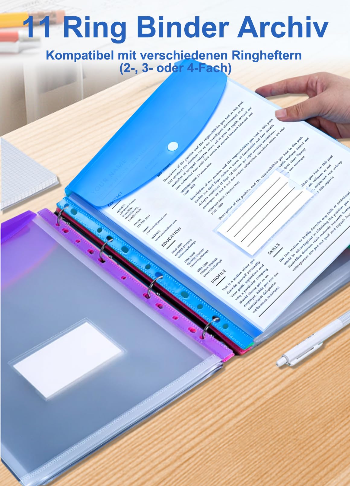 Lot De 6 Porte-Documents A4 Étanchés En 6 Couleurs Vives - Organisateur Documents Avec 11 Trous Pour Classeurs, Idéal Bureau, École Et Maison