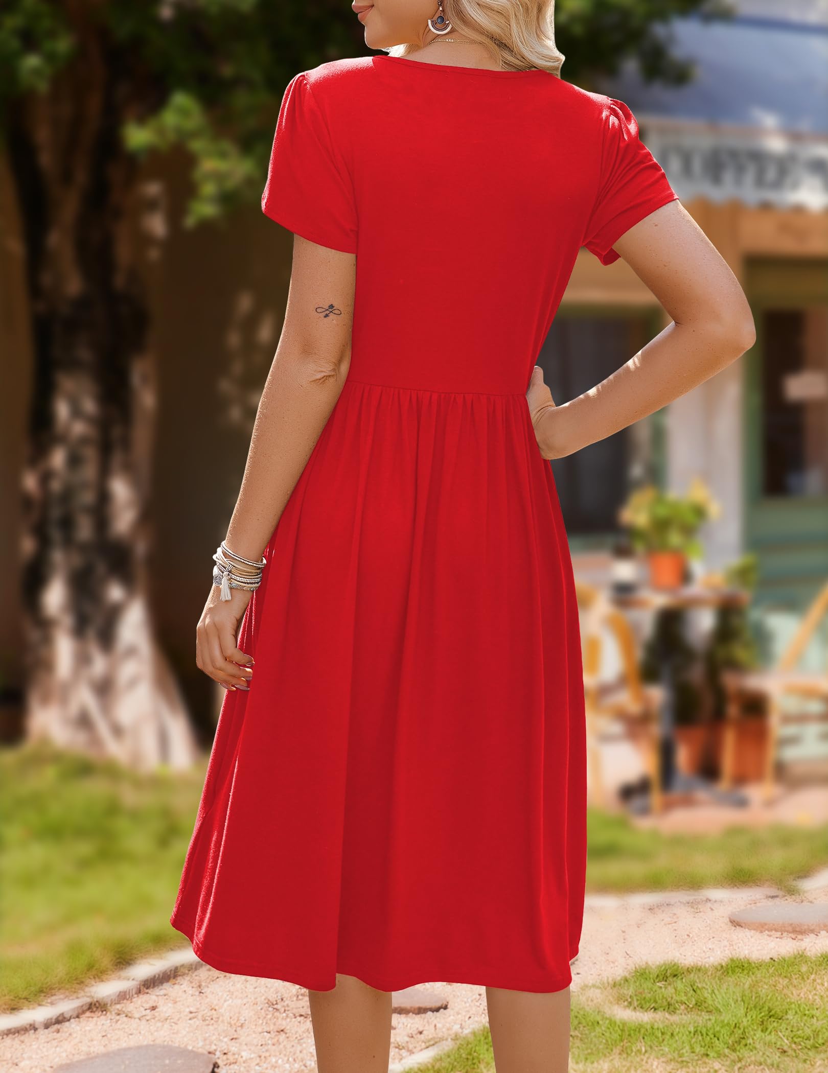 Hotouch Vestido de Verano para Mujer Manga Corta Cuello Redondo Casual Liso Vestido de Playa Línea A Midi con Bolsillo S-XXL