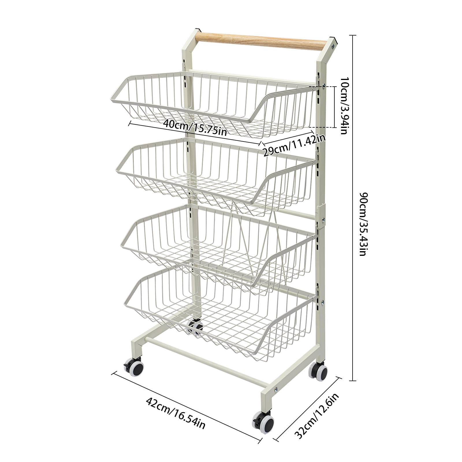 Expositor con 4 cestas con ruedas, cesta apilable, cesta para roedores de productos, soporte de rejilla, carrito de cocina, carrito de cocina grande, almacenamiento móvil