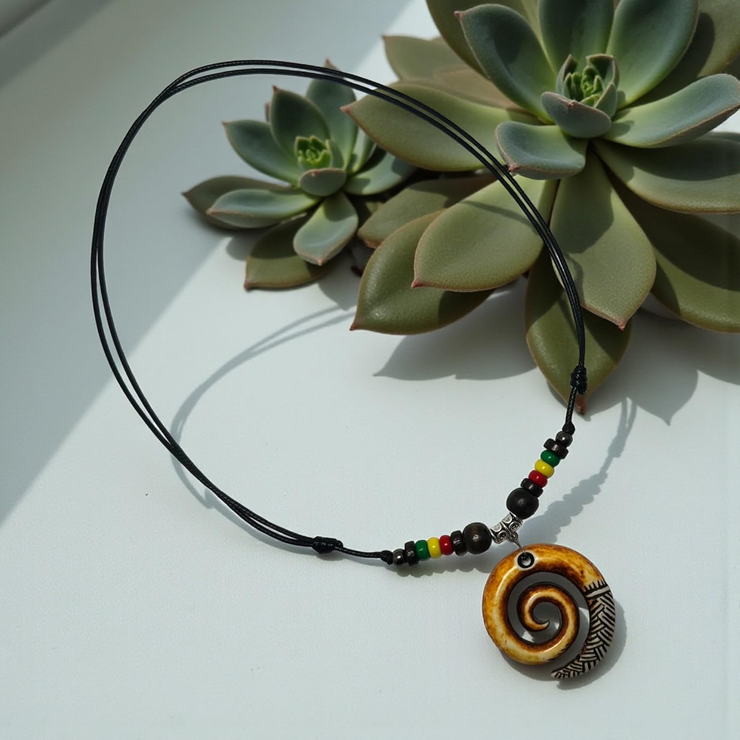 LAVIP Leather Tribal Style Antique Engraved Spiral Swirl Hook Pendant Necklace Pendant Necklace for Men and Women - Image 4