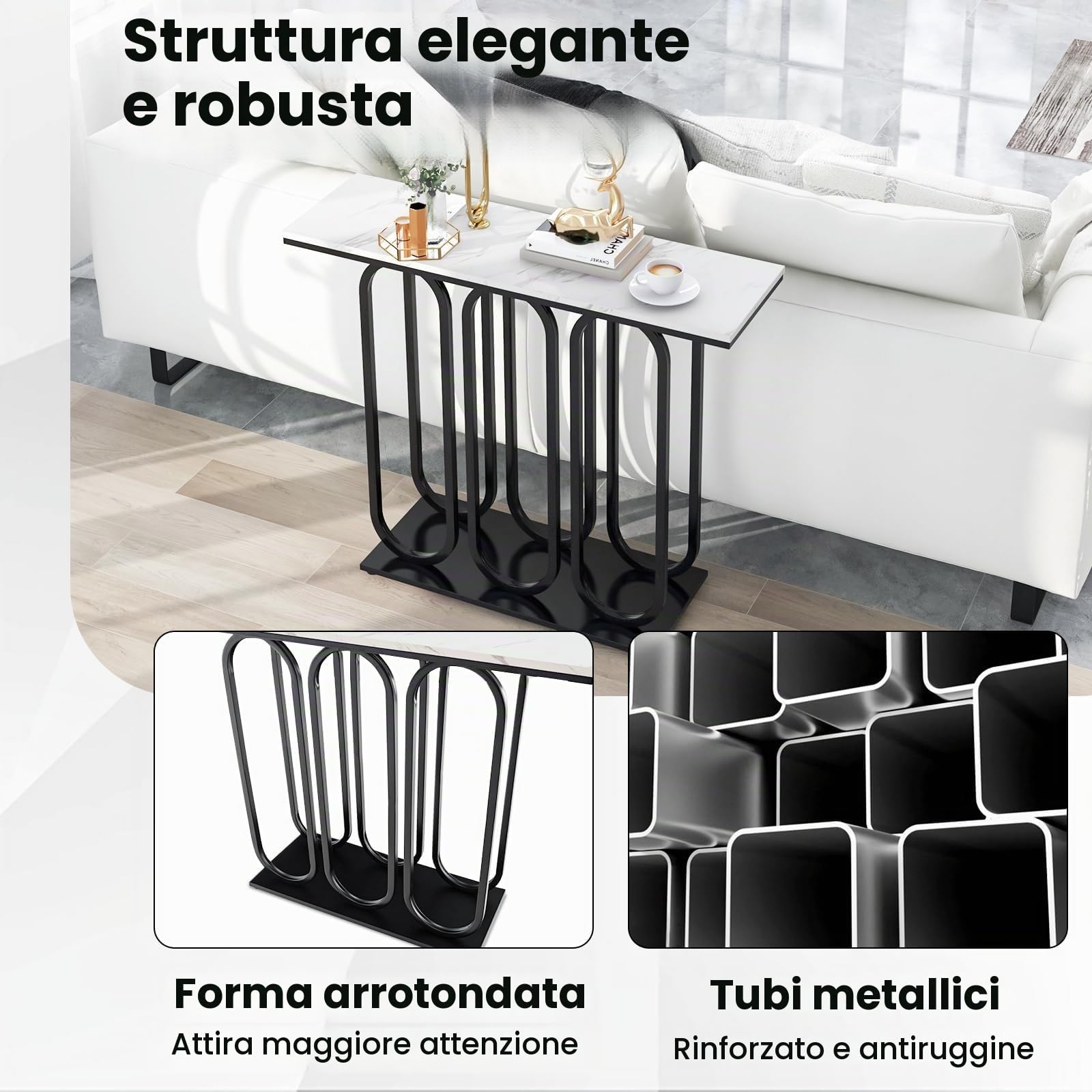 FANTASK Moderno tavolo consolle da ingresso con struttura in metallo, consolle sottile con effetto marmo, per soggiorno, corridoio, camera da letto, ingresso, 100 x 30 x 80 cm (bianco e nero)