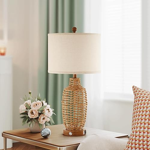 Miniatura 4 de Juego de 2 lámparas de mesa de ratán de mimbre de 3 vías regulables con control táctil, lámparas costeras rústicas con puerto USB para dormitorio,