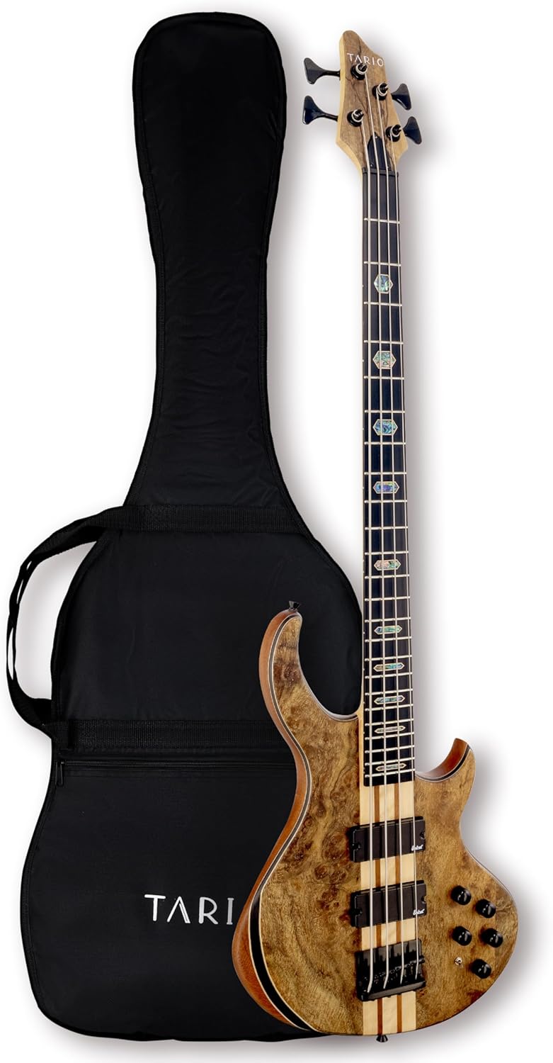 TARIO 5 String Electric Bass Guitar Burl poplar top Millettia Laurentii Okoume body Maple Fretboard