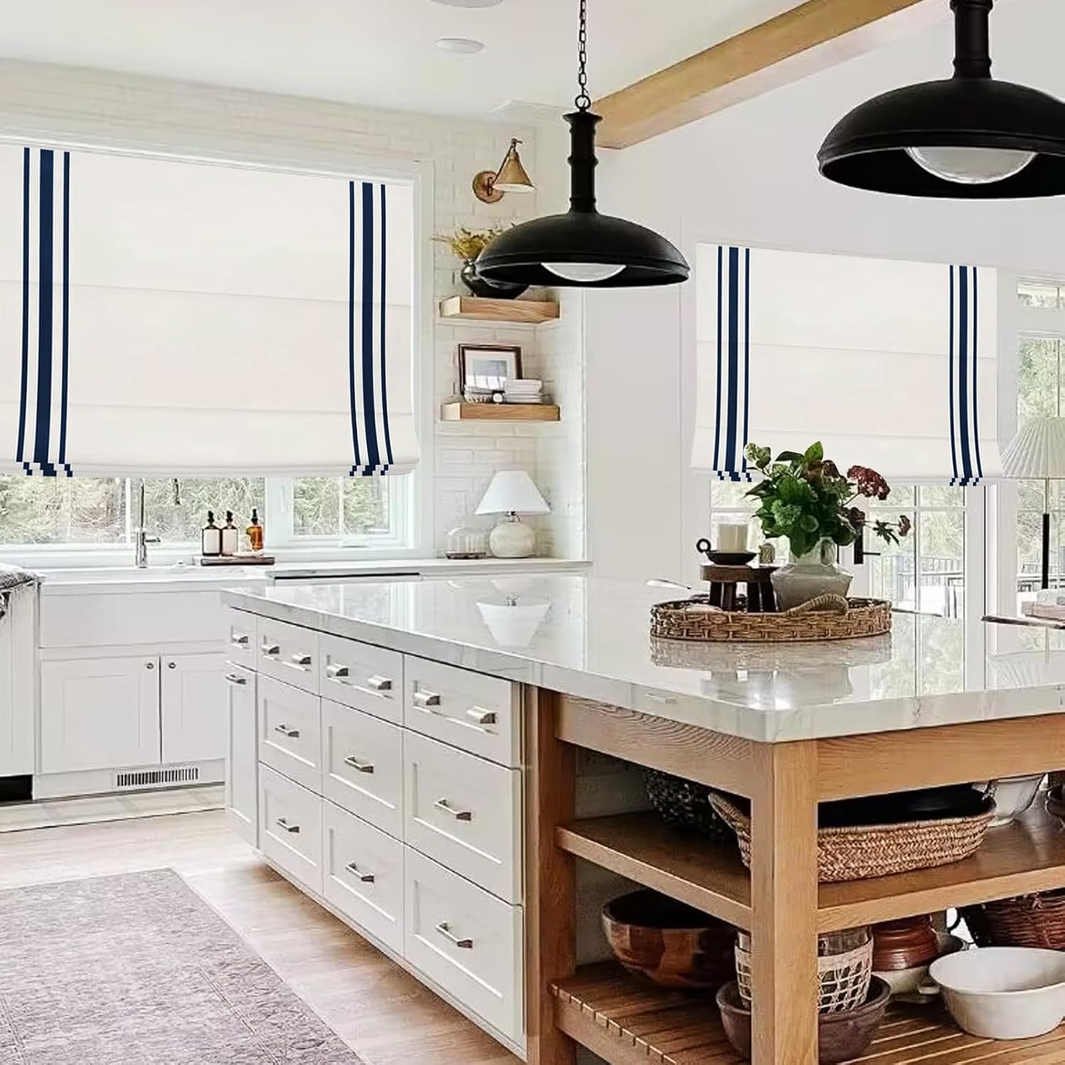 Cordless Roman Shades with Ribbon Border, White Navy Room Darkening Roman Window Shades, Custom Washable Fabric Roman Shades for Windows, Kitchen Windows, Doors