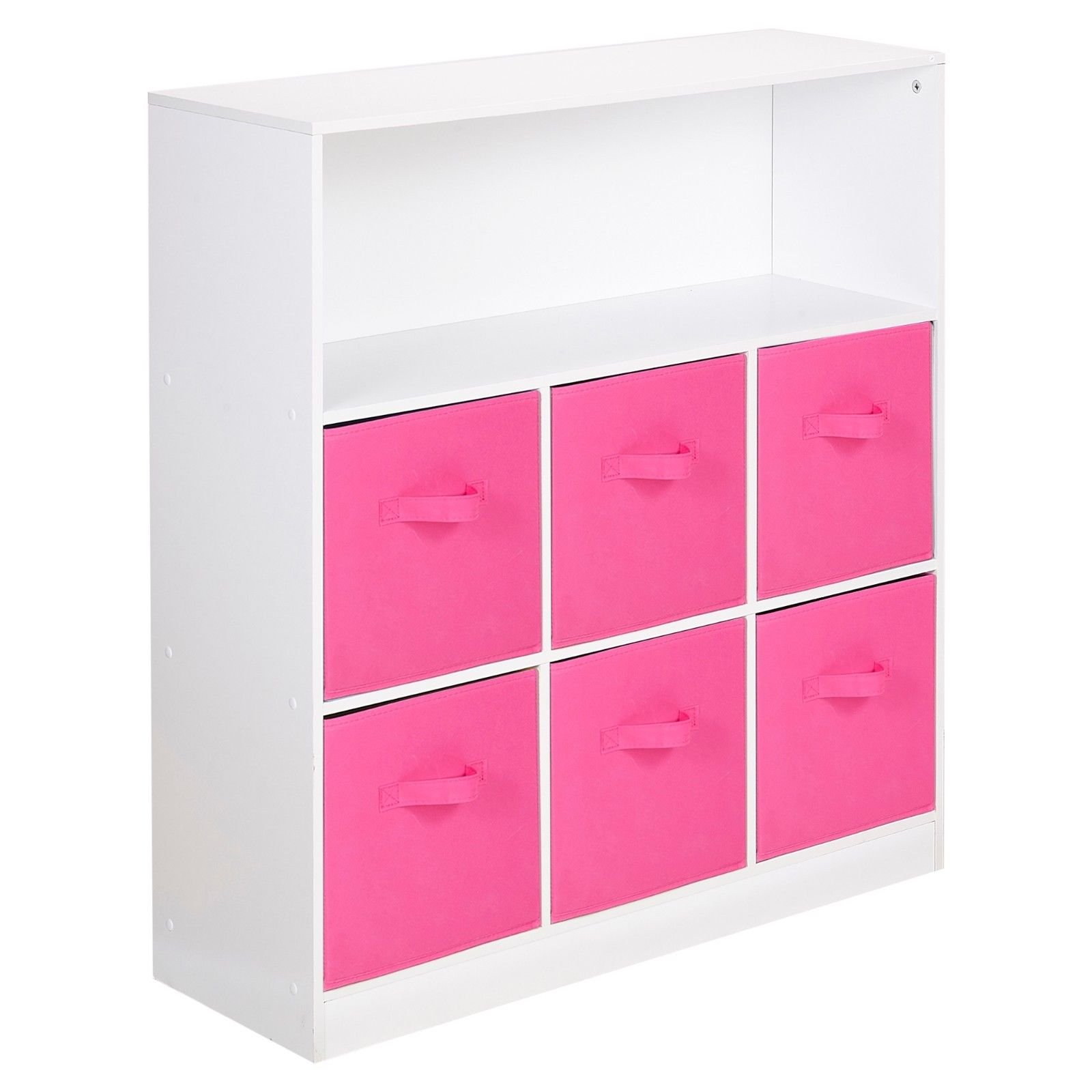 URBNLIVING White Wide 7 Cube Bookcase + 6 Dark Pink Non Woven Drawers