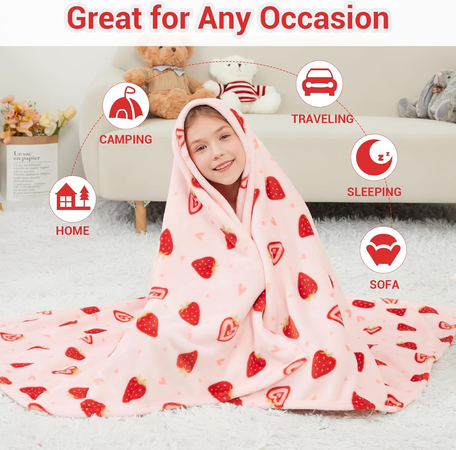 Viviland Kids Throw Blanket, Pink Strawberry Blankets for Toddler, Soft Warm Lightweight Plush Throw Blanket Fleece Blanket for Sofa Chair Couch Bed for Kids, 50" x 60" - Image 3