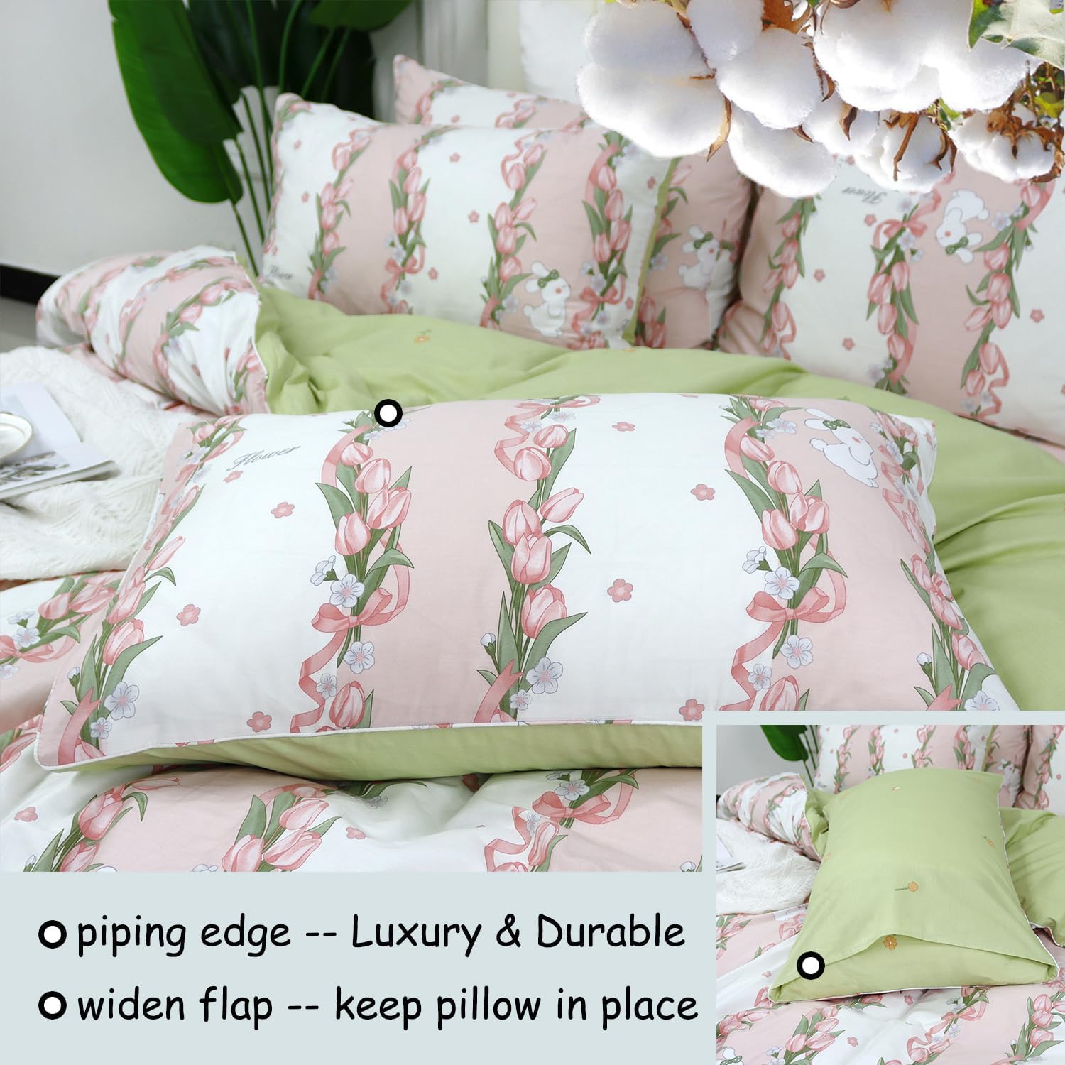 FADFAY Pink Floral Duvet Cover Set Twin Size – 100% Cotton Shabby Vintage Country Bedding, Soft & Cozy Comforter Cover for All Seasons, 3 Pcs