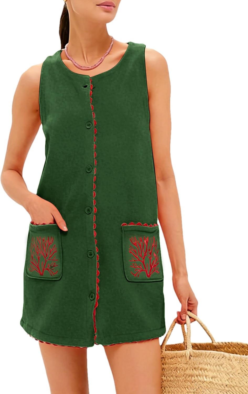 Sleeveless Mini Dress for Women Suede Beach Coverup with Buttons Front Embroidered Shift Summer Casual Dress