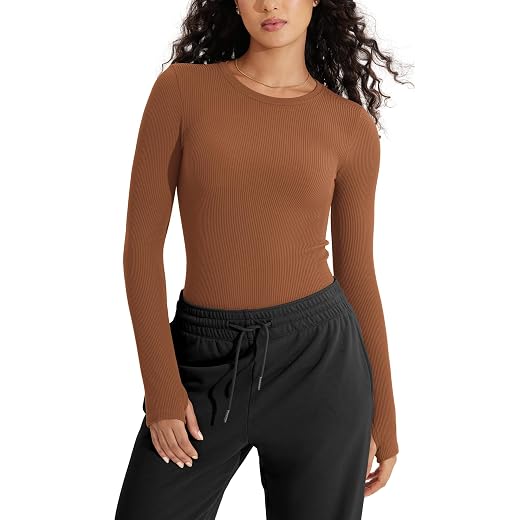 ODODOS Seamless Long Sleeve Tops with Thumb Hole for Women Crew Neck Ribbed Tee Workout Yoga Shirts