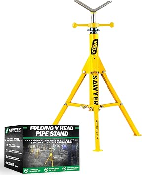 Sawyer Mfg Company Folding V Head Pipe Stand - Heavy Duty Steel Tripod Welding Jack Stand for Pipe Support, Threading, Grooving & Cutting - Adjustable Height 28" to 52" - Portable, Compact & Durable