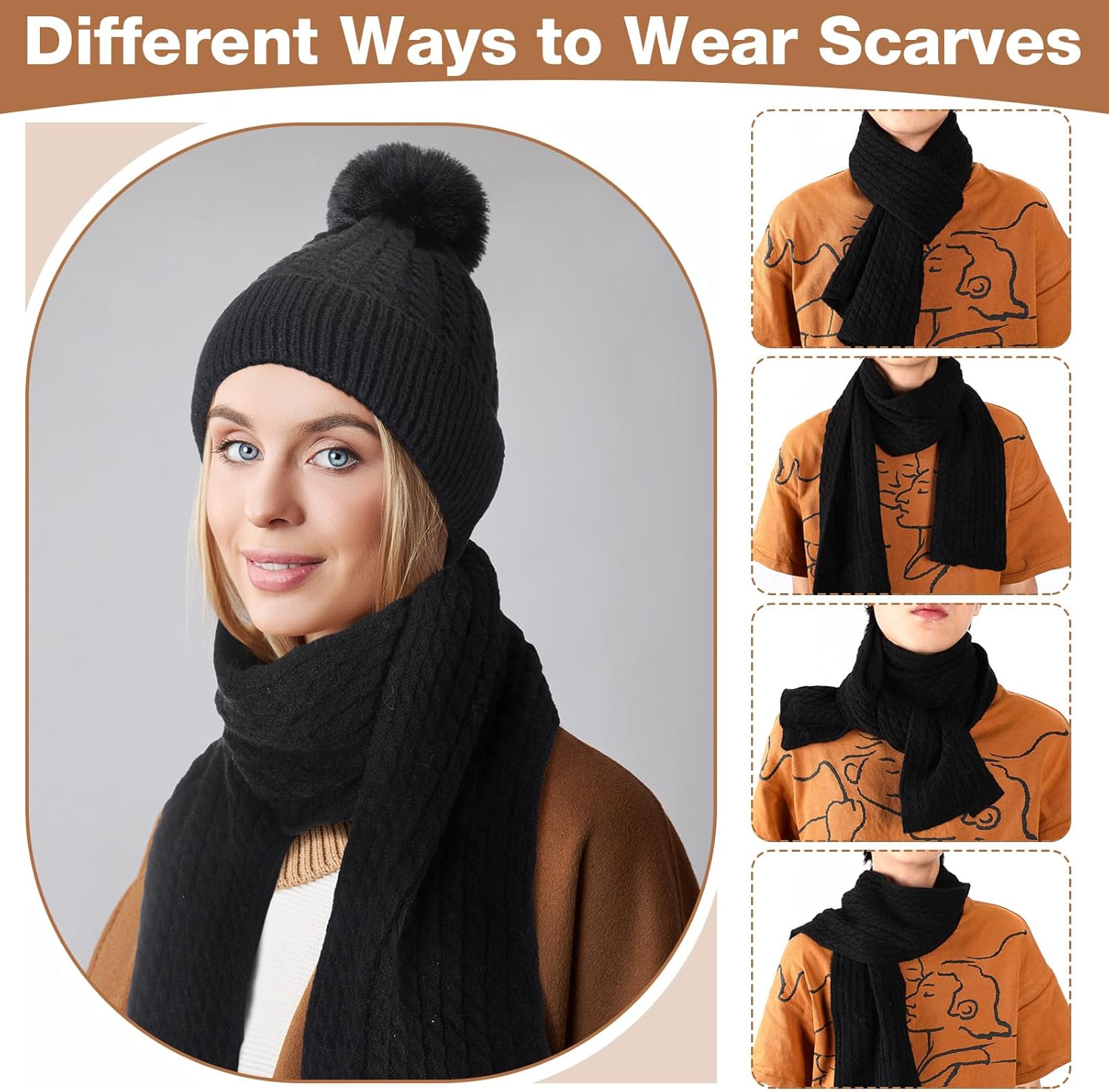Liitrsh 12 Pcs Women Beanie Scarf Gloves Sets Knitted Beanie Winter Hat Scarf Warm Touchscreen Gloves - Image 3