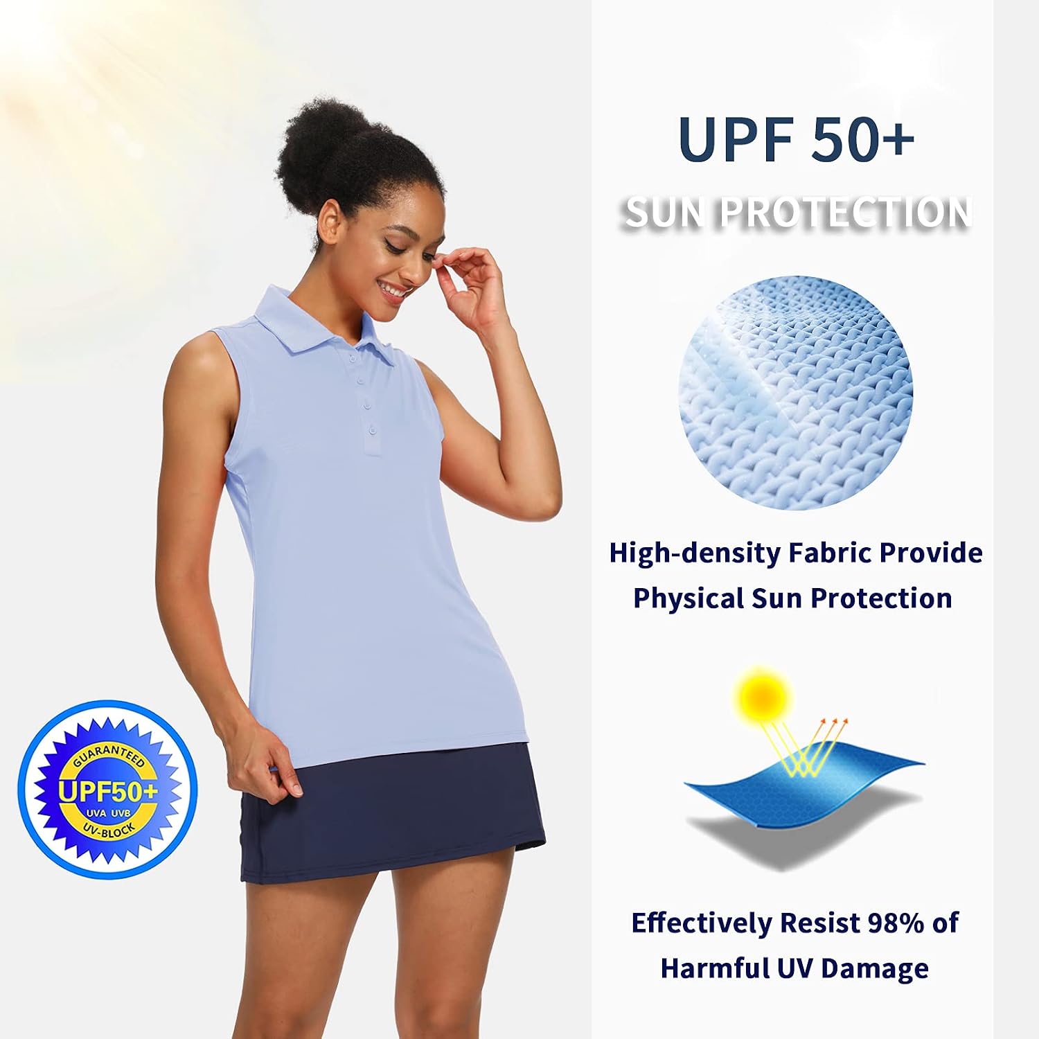 CQC Women's Golf Tennis Sleeveless Polo Shirts Quick Dry Athletic Tank Tops UPF 50+ Light Blue XL
