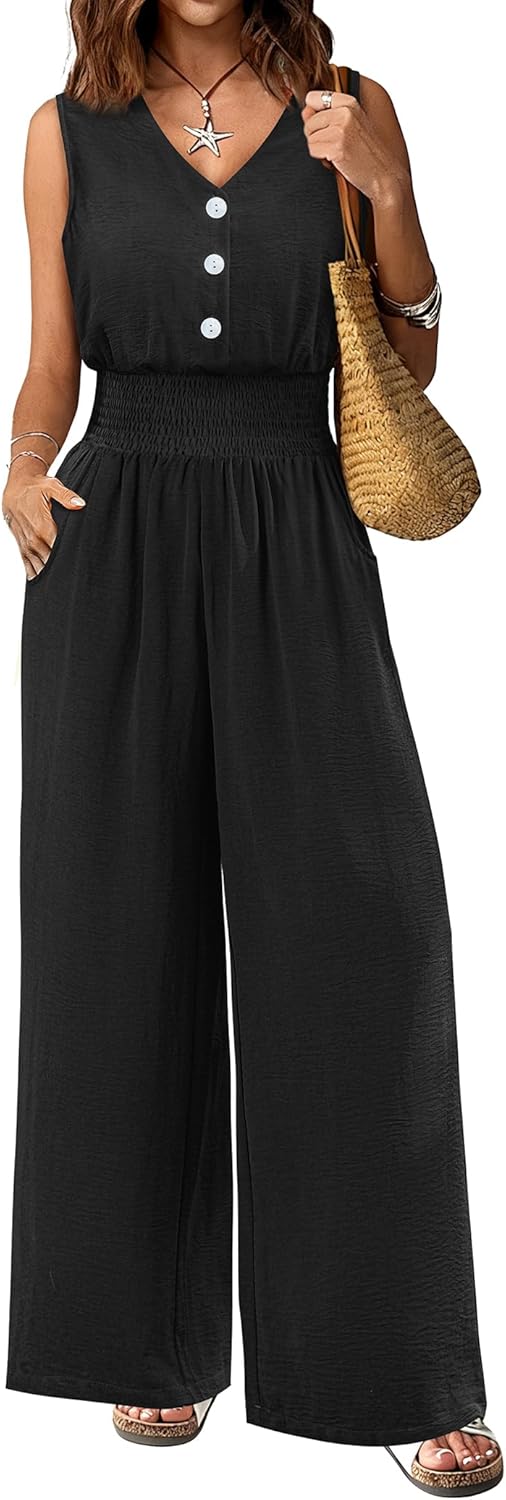 Women Jumpsuit Dressy Summer Rompers Casual Wide Leg Pants Sleeveless V Neck 2026 E...