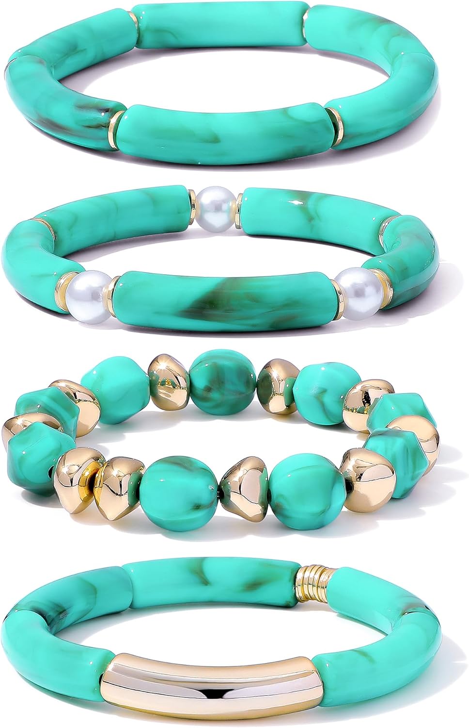 GOOJIDS Simple Beaded Gold Plated Bangles Bracelet Chunky Bamboo Tube Curved Stacking Clear Acrylic Colorful Beads Stretchable Gold Plated Bracelets Set For Women