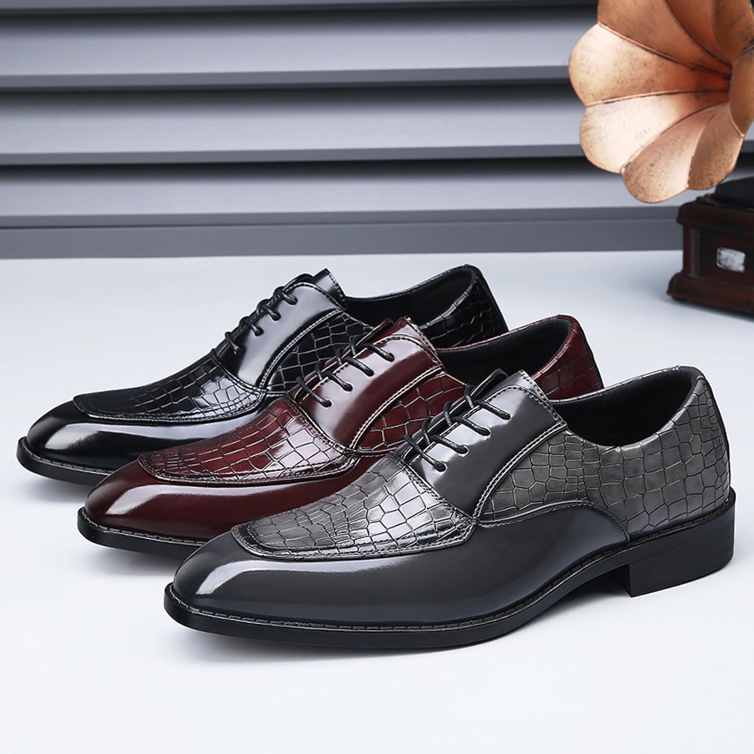 Men's Retro Leather Print Plain Toe Business Oxfords Fashion Lace Up Pointed Toe Slip On Derby Formal Dress Shoes for Work Party Wedding - Image 7