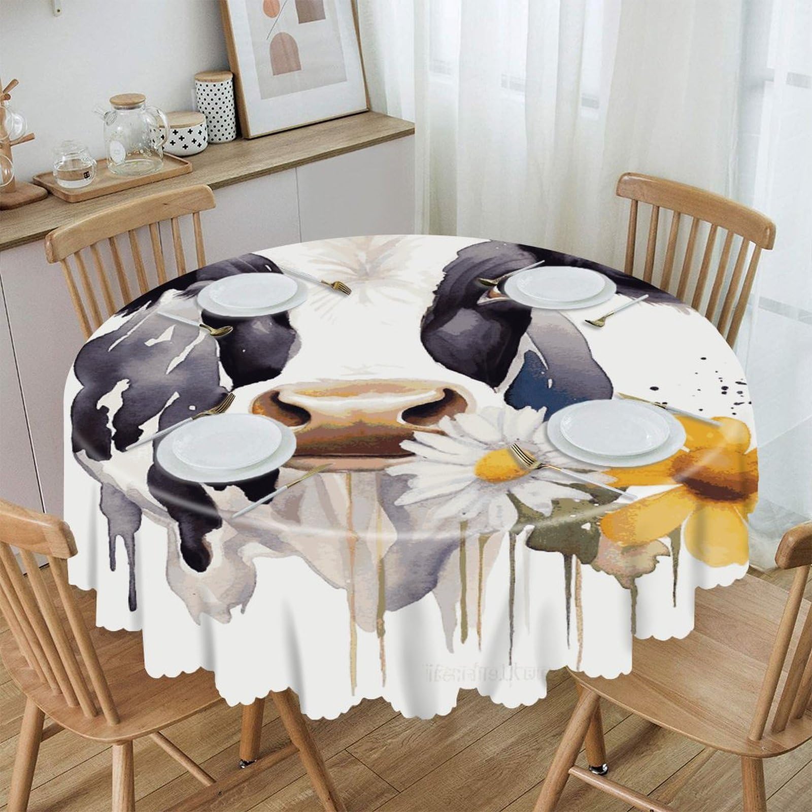 VstaDank Watercolor Cow and Daisy Flower Round Tablecloth 60 Inch Easy to Clean Circle Table Cover Thick Decorative Round Polyester Table Cloth for Dining Kitchen Party Farmhouse Outdoor