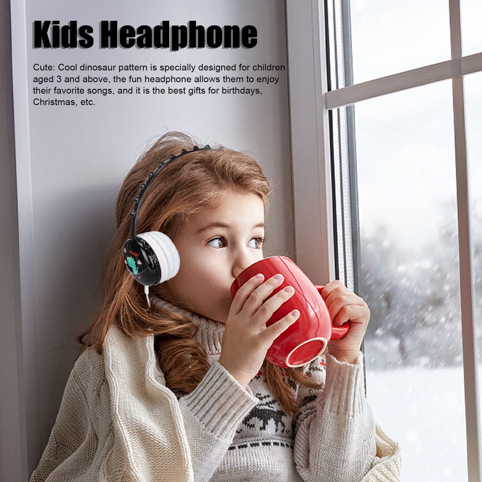 Kids Headphones with Microphone,Kids Wired Headphone 3.5mm Jack Stereo Adjustable Headband Cute Childs Dinosaur Headset for PC Tablets(Black)