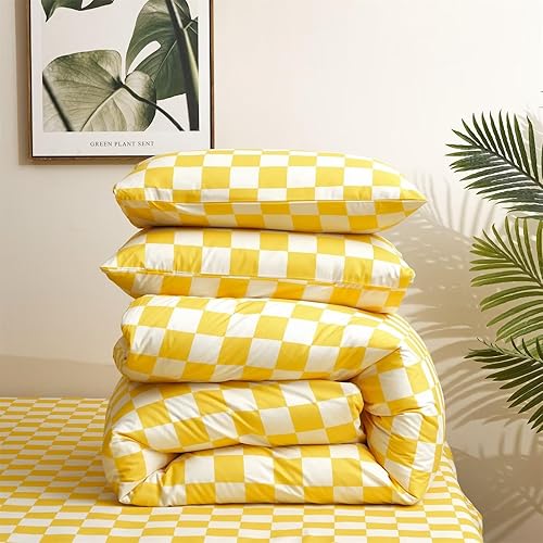 Miniatura 8 de Cottonight Juego de edredón amarillo tamaño Queen, juego de ropa de cama a cuadros con patrón de cuadros amarillo brillante y blanco, edredón suave