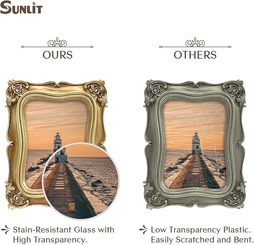 Miniatura 3 de Sunlit Marco de fotos vintage de 5 x 7 pulgadas, marcos de fotos antiguos de lujo con parte frontal de cristal, pantalla de fotos, para colgar en la