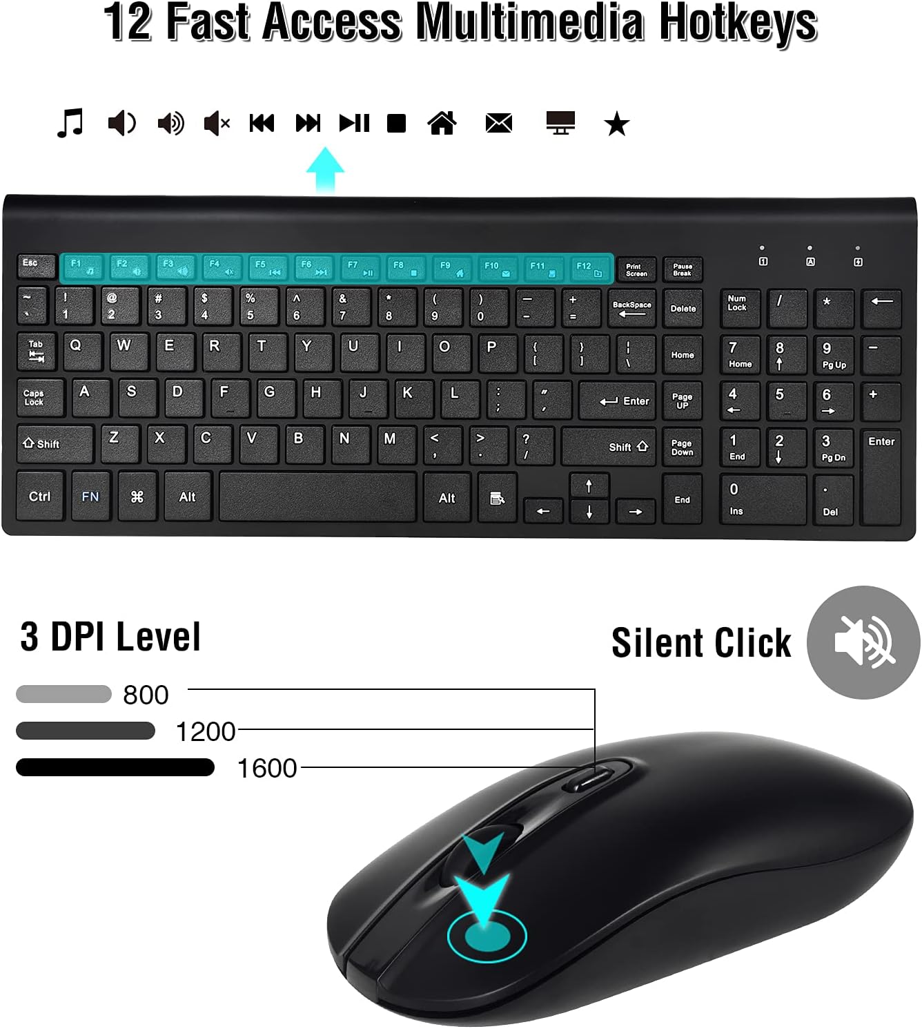 RaceGT Wireless Keyboard Mouse Combo, Energy Saving Silent Ultra - Thin Full Sized Wireless Keyboard Mouse 3 Level DPI Adjustable Mouse for Computer, Laptop and Desktop(Black)