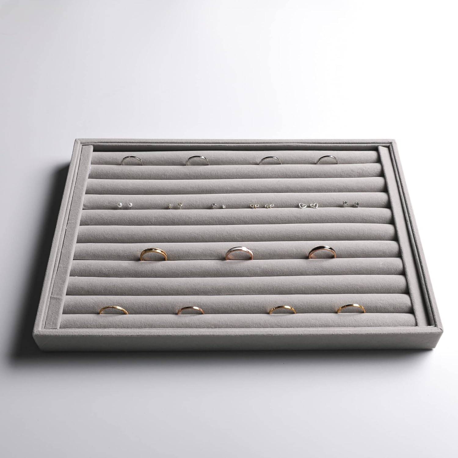 Frebeauty Stackable Velvet Jewelry Organizer Trays for Drawers Inserts Jewelry Storage Tray Display Case Earrings Bracelets Necklace Rings Accessories Trays for Women(Set of 4)(Grey). - Image 5
