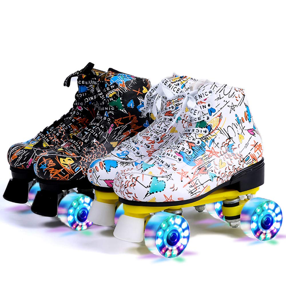 Rollers,Patins À roulettes Graffiti À Double Rangée,Aux Femmes/Filles/Hommes/Garçons/Enfants,Roller Skates Lumineux,Chaussures De Patinage De Vitesse,Blanc,Noir,Taille 30-45,White(LED),32