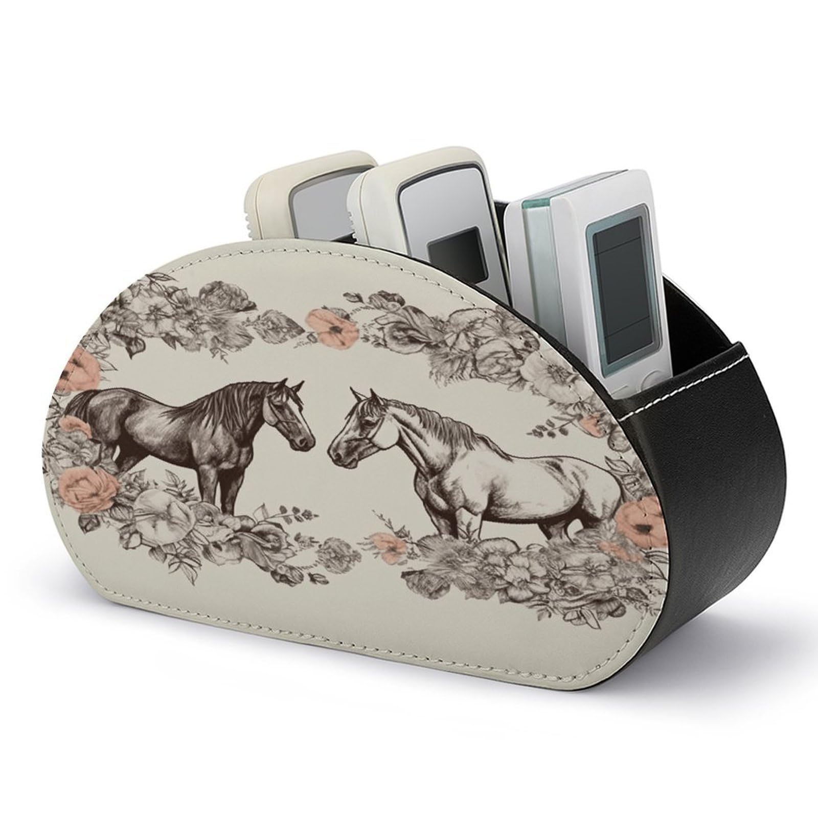 VstaDank Flowers And Horses Hand Drawn Remote Control Holder Farmhouse TV Media Remote Storage Box with 5 Compartments PU Leather Remote Caddy Desktop Organizer for Home Bedside Table Organizer