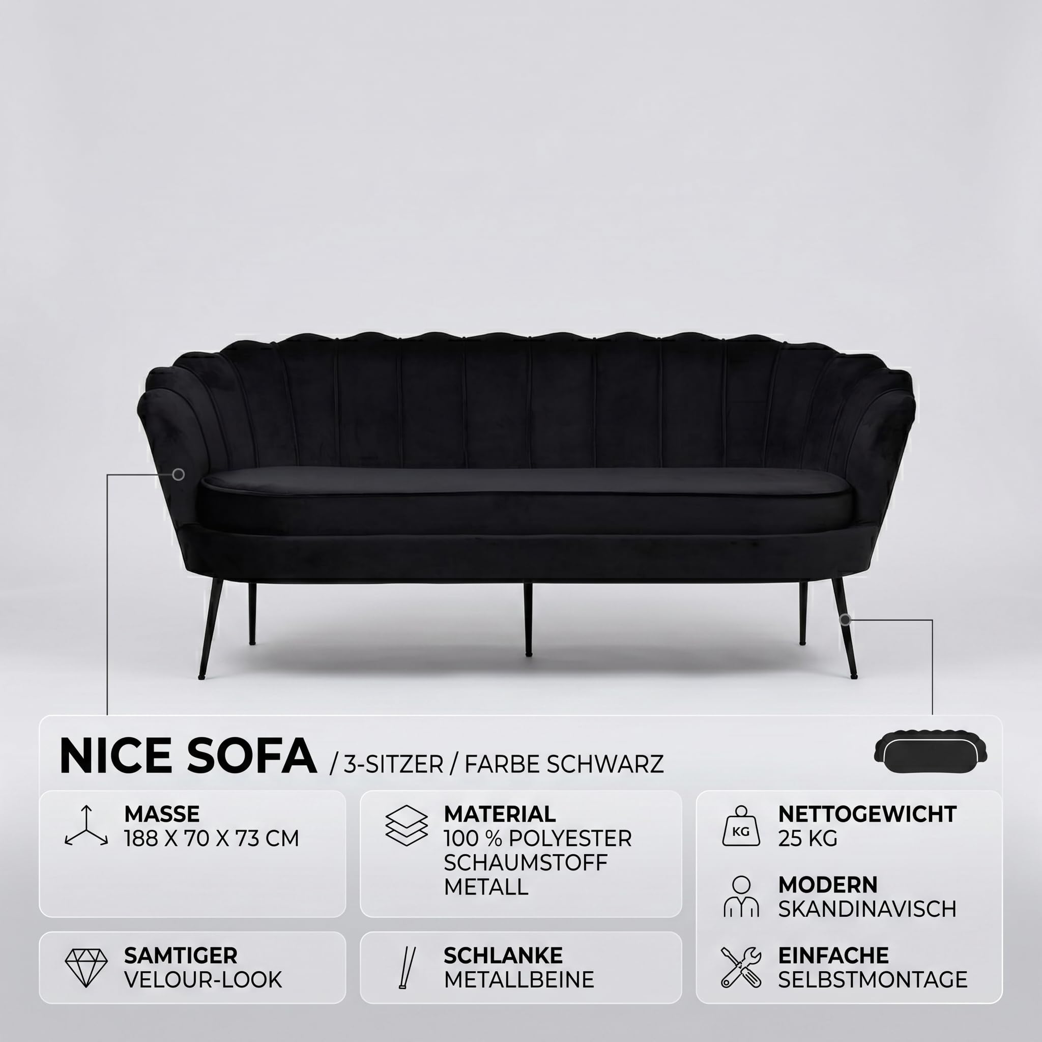 Couch 3 Sitzer - Sofa Nice 3 Personen Velours Schwarz 181x79x78 cm 3er Polstersofa Dreisitzer Wohnzimmersofa modern skandinavisch Stoffsofa Loungesofa Wohnzimmermöbel Sitzcouch Sitzmöbel
