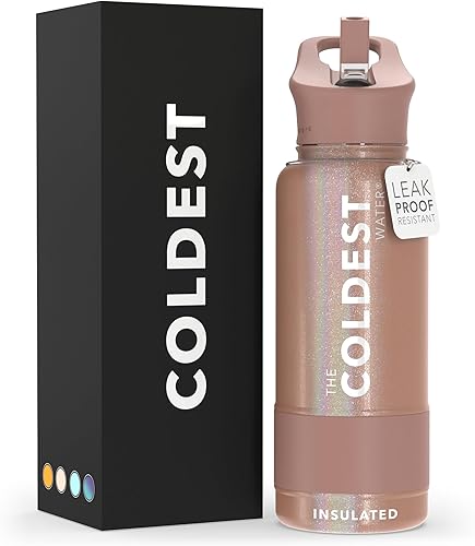 Miniatura 10 de Coldest - Botella de agua deportiva con tapa con popote y asa, a prueba de fugas, de acero inoxidable con aislamiento al vacío de doble pared,