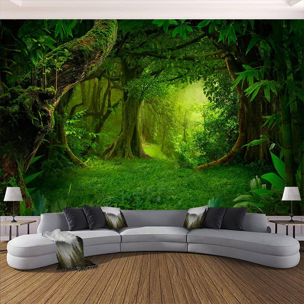 Custom Mysterious Forest Wallpaper Mural, Green, Modern Wallpaper, Peel and Stick, Large Area Coverage, Landscape Theme