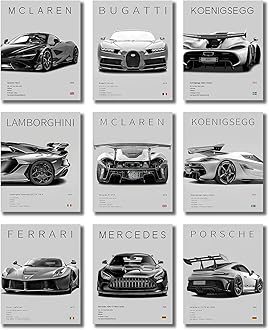 CSLGQGV Car Posters Vintage Racing Car Wall Art Supercar Canvas Prints Painting For Men Room Pictures Guys Dorm Room Aesthetics Decor Bedroom Office (Unframed,8×10inch,9pcs)