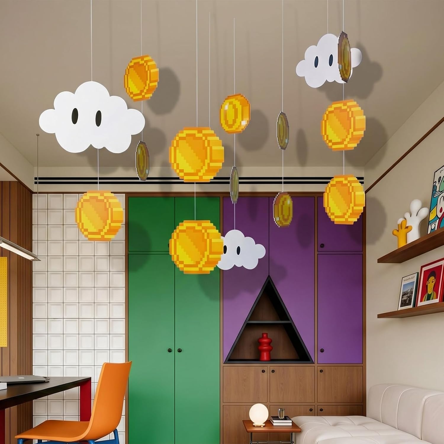 Fanfanwin 8 Pcs Super Themed Party Decorations Cloud Coin Hanging Banner Gold Video Game Ornaments Banners Gold Coin Ceiling Decor for Birthday Baby Shower Home Indoor Layout Party Supplies image 4