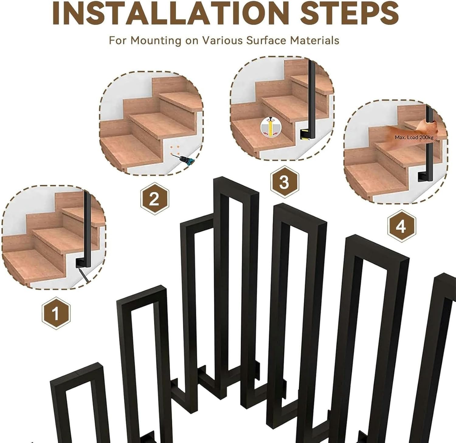 Modern Square Tube Hand Rails Transitional Handrail Picket for Villa Loft Entryway, Outdoor Steps Stairs Railing Balustrade for Cement Concrete and Wooden Steps, Home Decoration~/