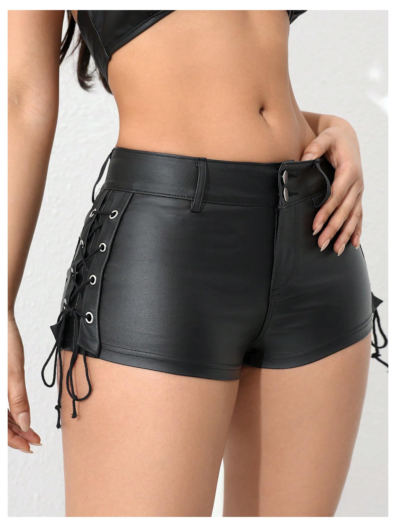 Floerns Women's Y2K Sexy High Waisted Faux Leather Shorts Drawstring Lace Up Festival Rave Shorts: Large Black Leather
