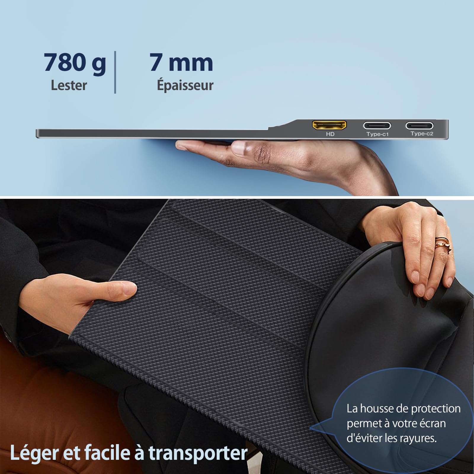 Ecran Portable, 15,6 Pouces Moniteur Portable IPS 100% SRGB | Écran Ordinateur 1080P FHD, Ecran Portatif USB C/Mini HDMI, Ll ne pèse que 0,78 kg, Compatible avec Plusieurs Appareils