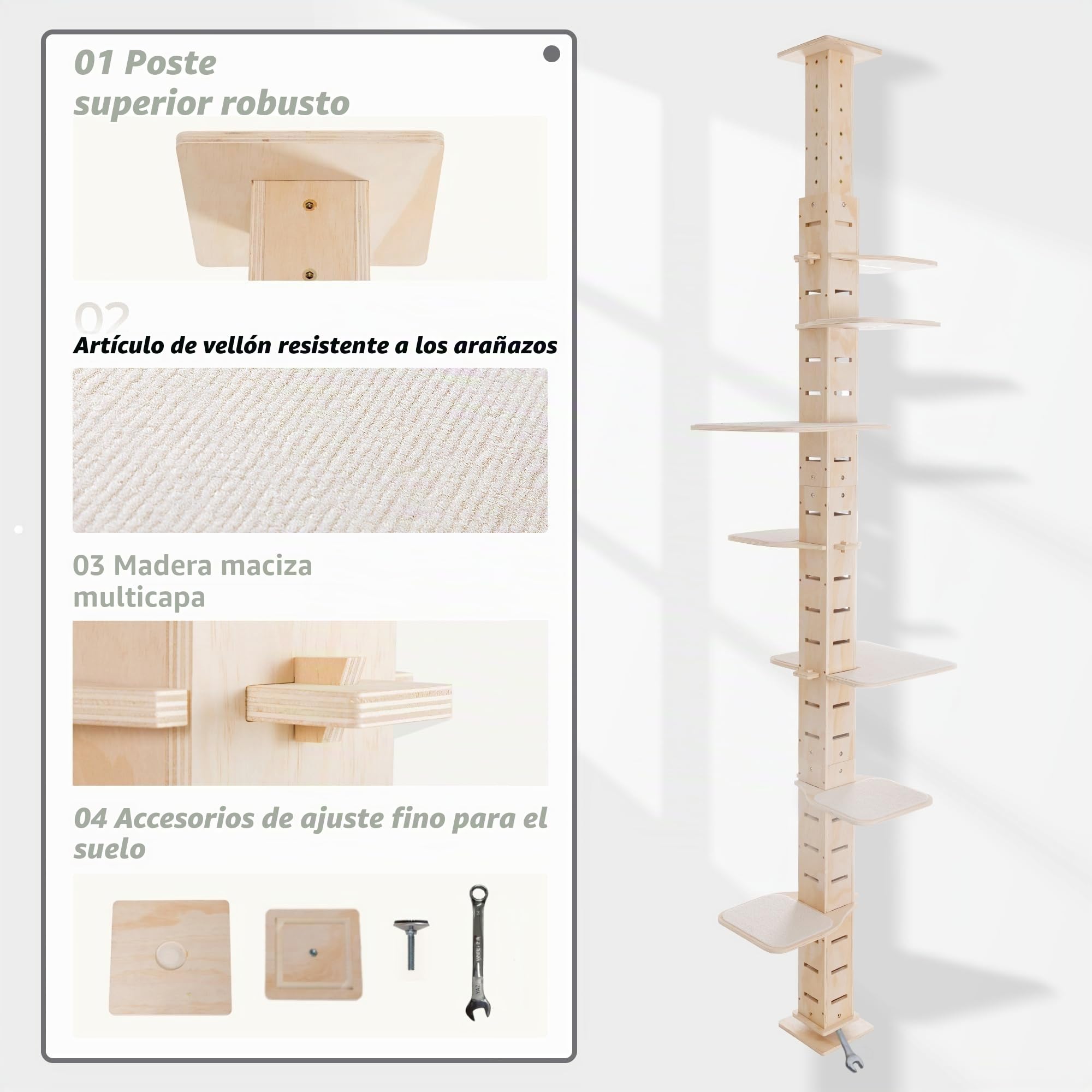 Road Rascador para gatos, escalera hasta el techo, altura regulable (250-290 cm), extremadamente alto, árbol de gato de 7 niveles, ideal para salón y dormitorio