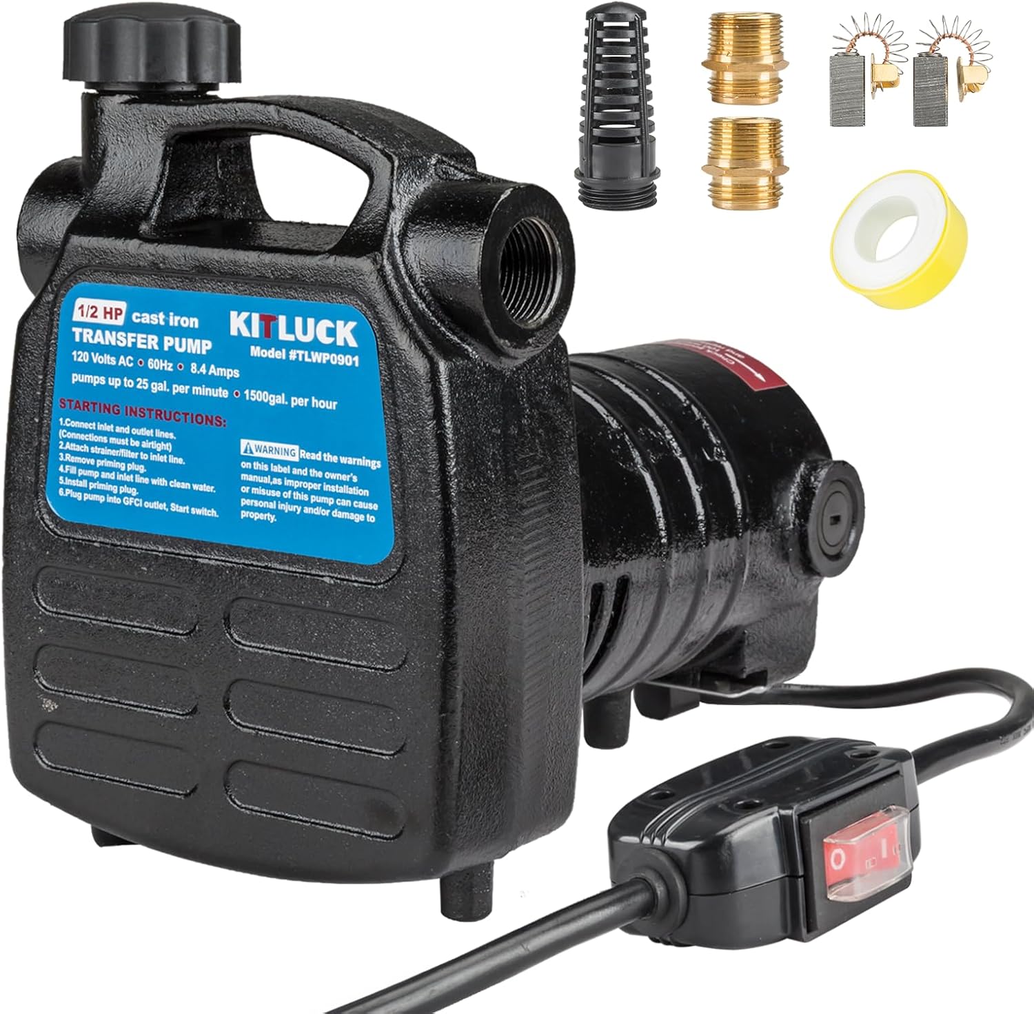 Water Transfer Pump, KITLUCK 120V 1/2 HP 1500GPH Cast Iron Portable Electric Utility Water Pump, Heavy Duty High Pressure Transfer Pump with ON/OFF Switch, Suction Strainer and Brass Connectors