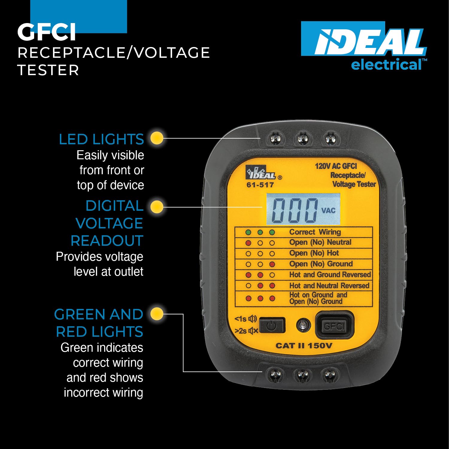 IDEAL Industries INC. 61-517 Steckdosen-Tester mit GFCI- und Spannungsanzeige, 120 V